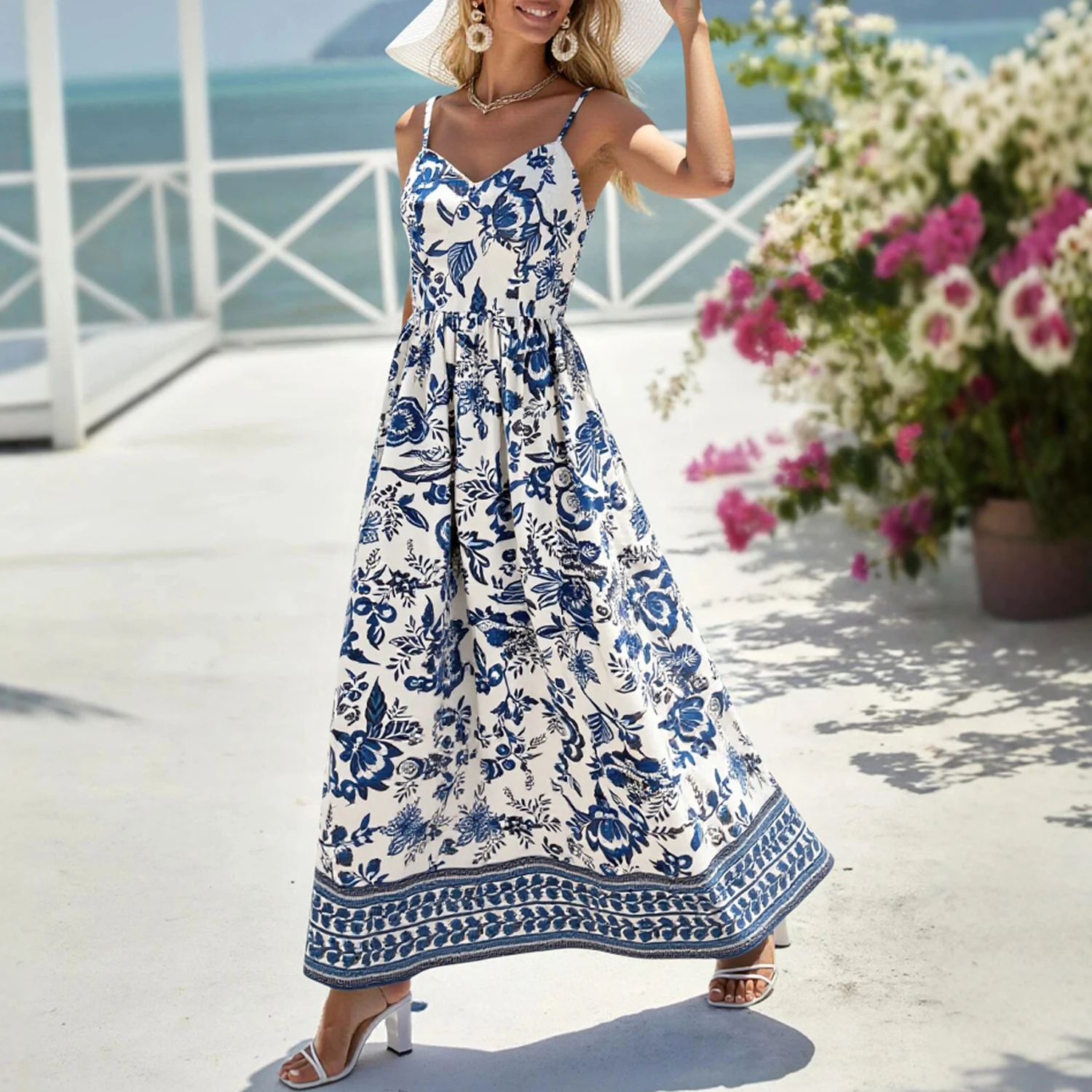 فساتين بدون أكمام ورقبة على شكل قلب للعطلات كامي صيفي يوميًا فساتين مطبوعة برسومات جرافيكية للنساء