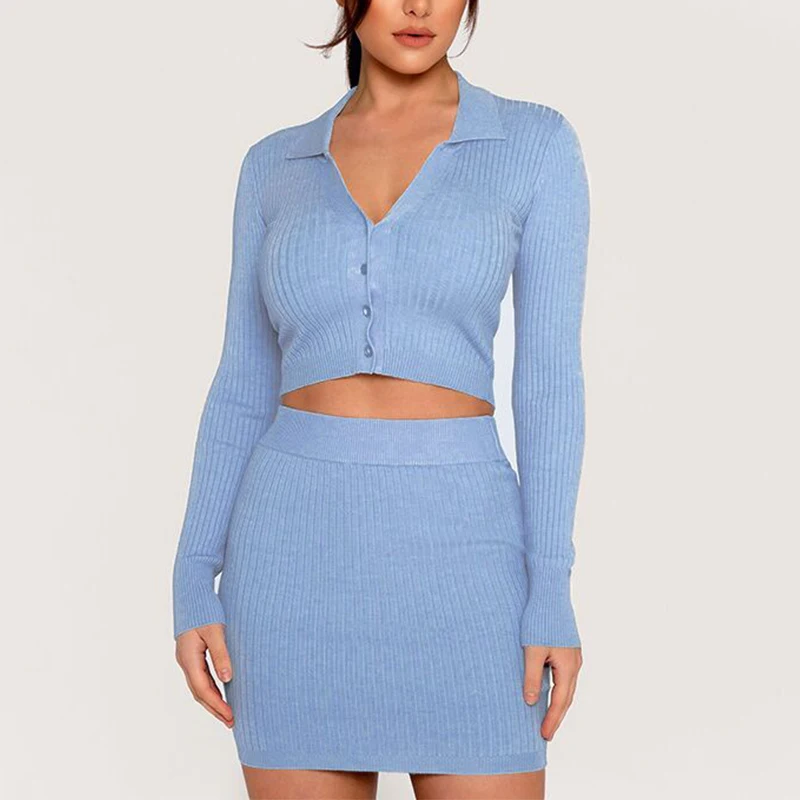 Women Knitted Button Two-piece Sets V-neck Long Sleeve Mini Skirt and Crop Tops Set Female Summer Autumn Ladies Fashion Clothes