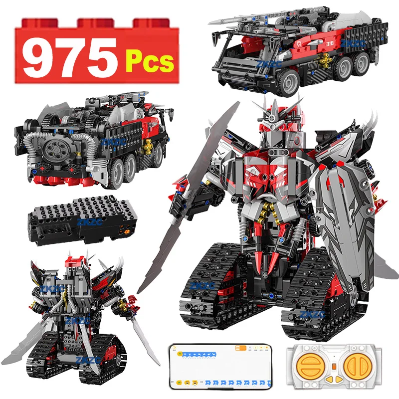 975pcs 2 in 1 City Technical RC Robot Truck Car Building Blocks Remote Control Rescue Vehicle Bricks Toys For Kids Gifts