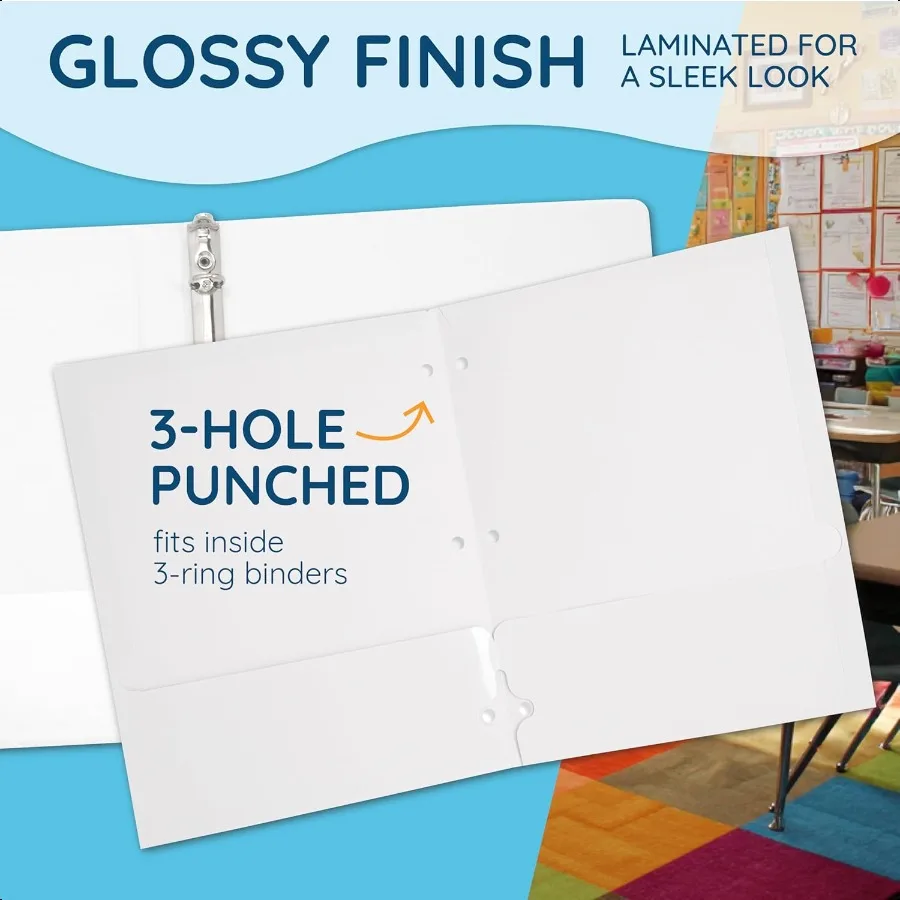 مجلدات بيضاء من بلو سميت مع جيوب، مجلدات مغلفة باللون الأبيض اللامع مع جيوب وفتحة لبطاقة الأعمال، 25 عبوة