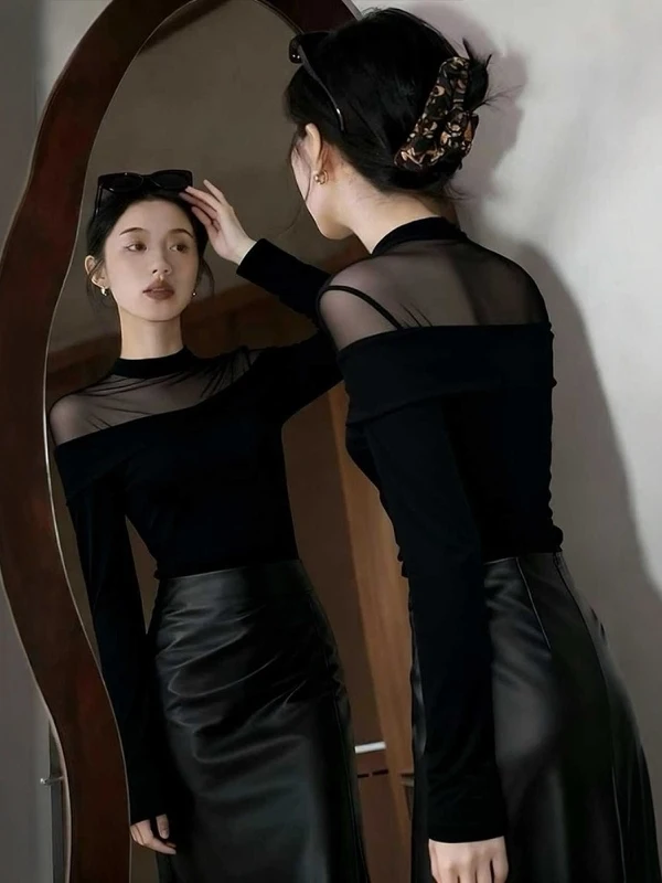 

Unique Me Splice Long Sve Base irt Women's Inner Wear Chic Bla Sweet And Spicy Girl Top Commute Sle Korean Version...