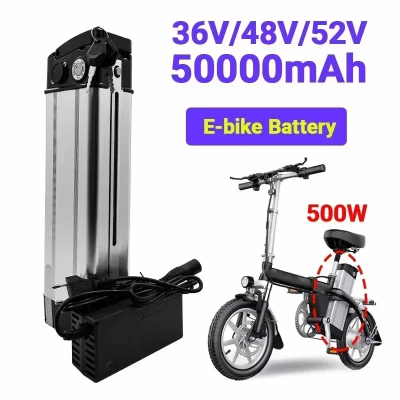 New 36V 48V 52V 50ah  Silver Fish Style Electric Bike Battery 48V Lithium Battery with Aluminum Case Anti-theft Lock