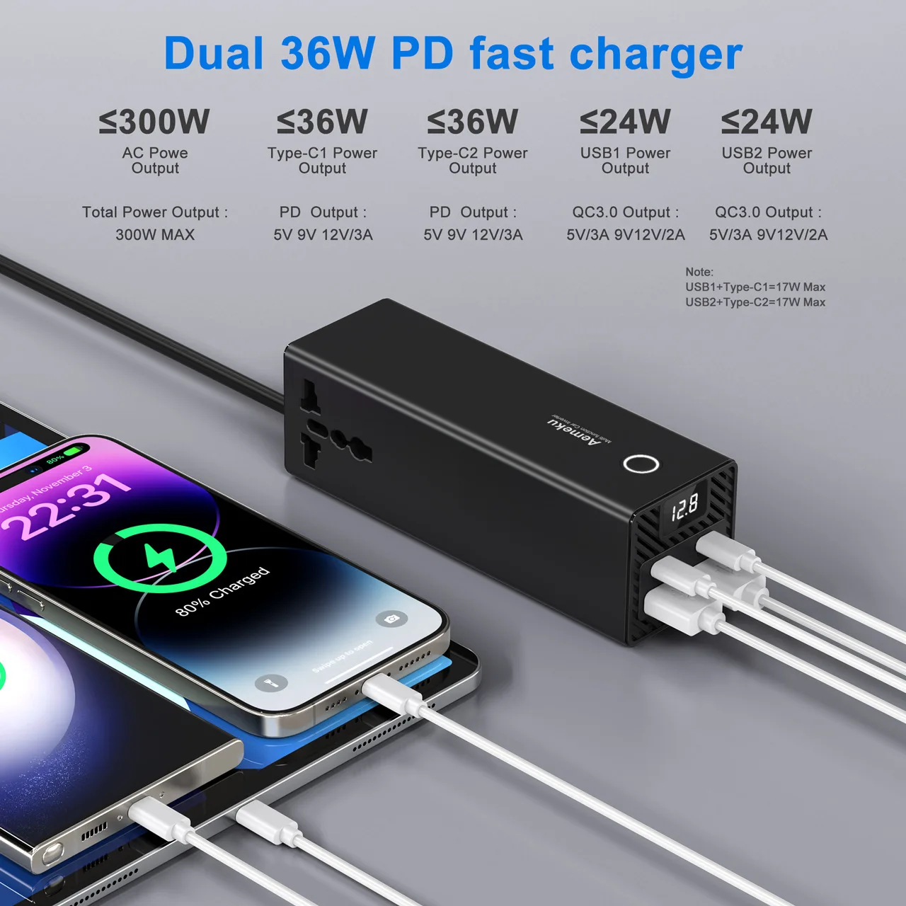 300W Car Inverter DC12V/24V to 220V AC with Universal Socket, PD Fast Charging, USB Ports & Digital Display