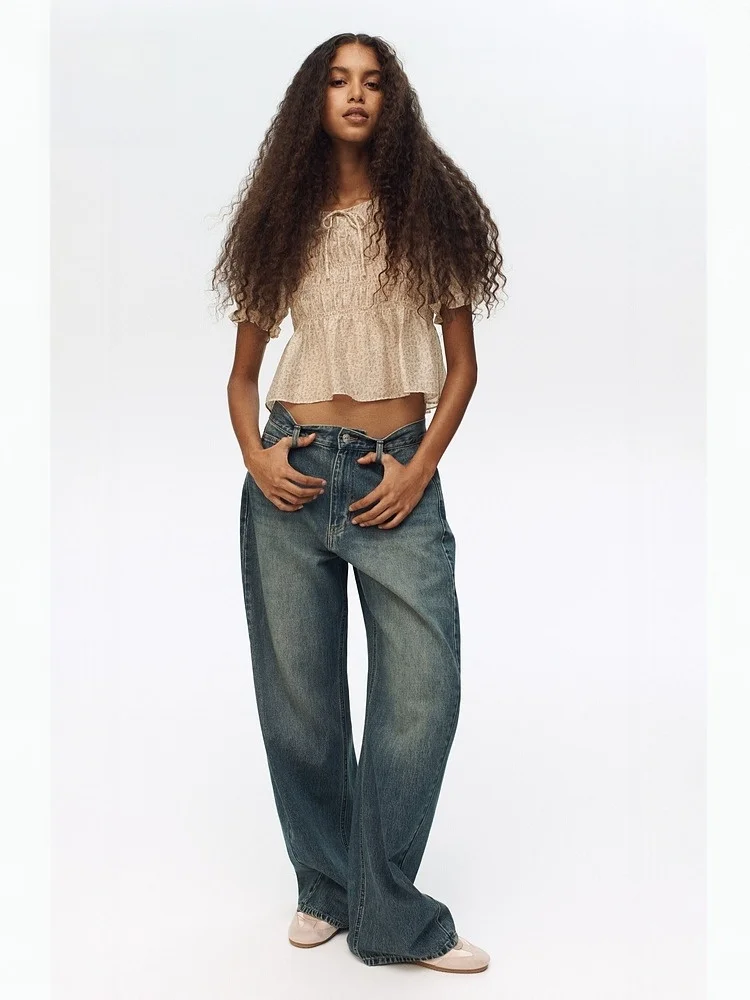 

H&M Women's irt Spring 2026 New Knot Simple Commute Gathered Top Ruffle ort Sve round Ne Dstring Fiber Blend