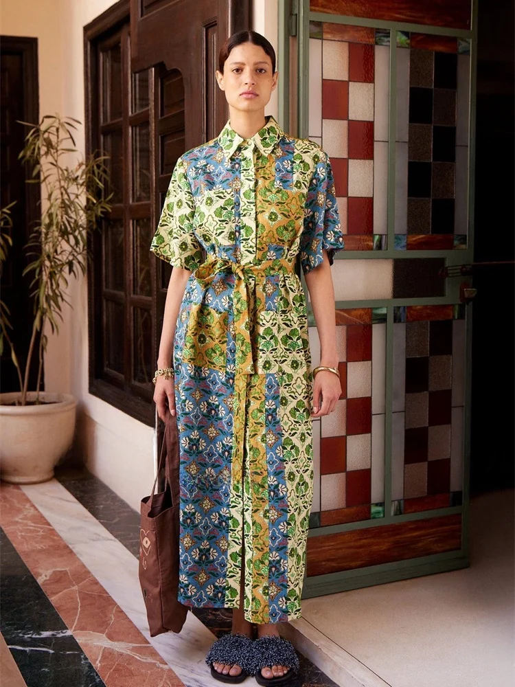 Susan Australian Faion een Color Blo Floral Print Linen ort Sve irt Dr Long Women's Vintage Sle Casual Dr