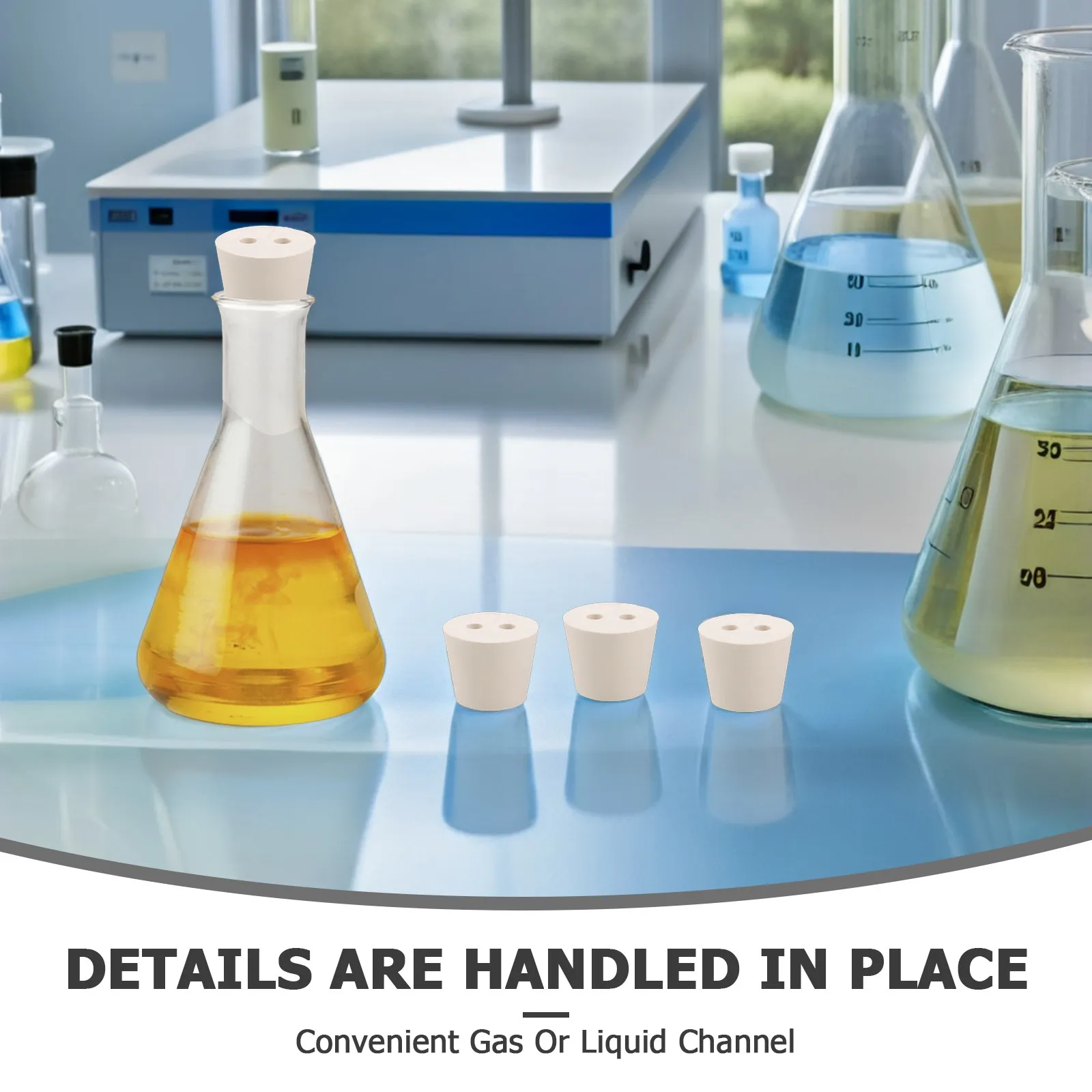 10Pcs Rubber Lab Stoppers Tapered Solid Beige Test Tube Stoppers Two Holes Flask Chemistry Sealing Rubber Bungs Reusable Lab - view 5