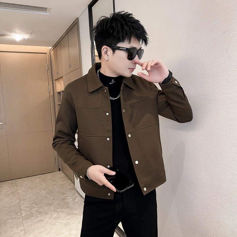 

Повседневная однотонная куртка с воротником для мужчин, маленький размер, деловой стиль, корейский стиль, из полиэфирного волокна, с длинными рукавами