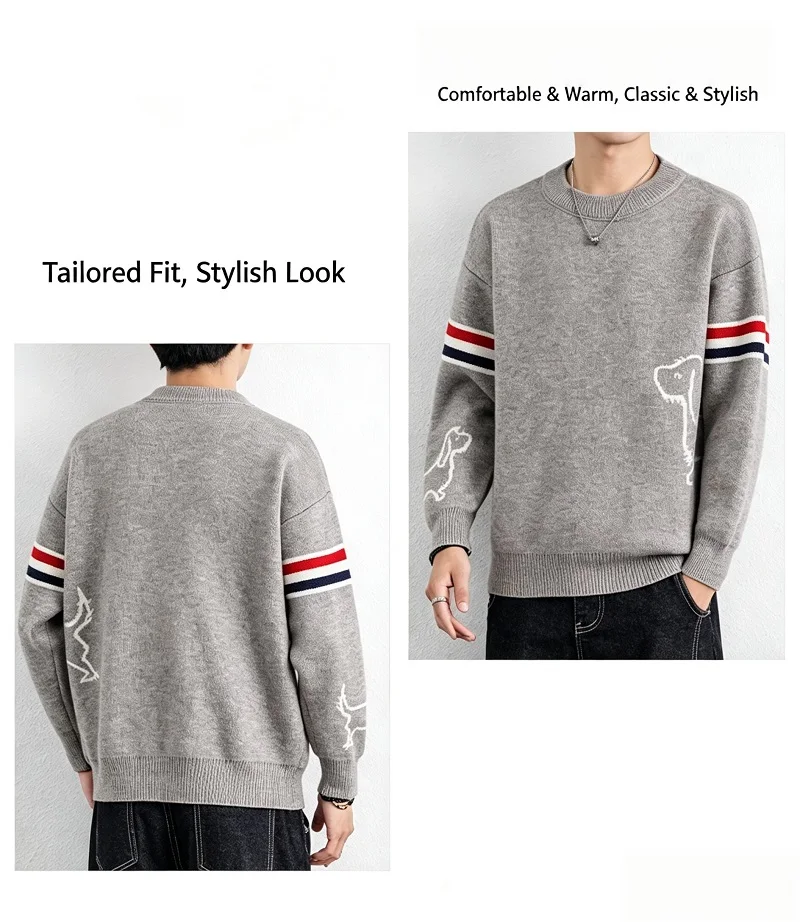 High-End-Marke Pullover Herren Herbst Winter Neue süße Welpen Druck Mode gestreifte Knopf Design Freizeit Komfort Warm Rundhalsstrik Sweater – Detail 4
