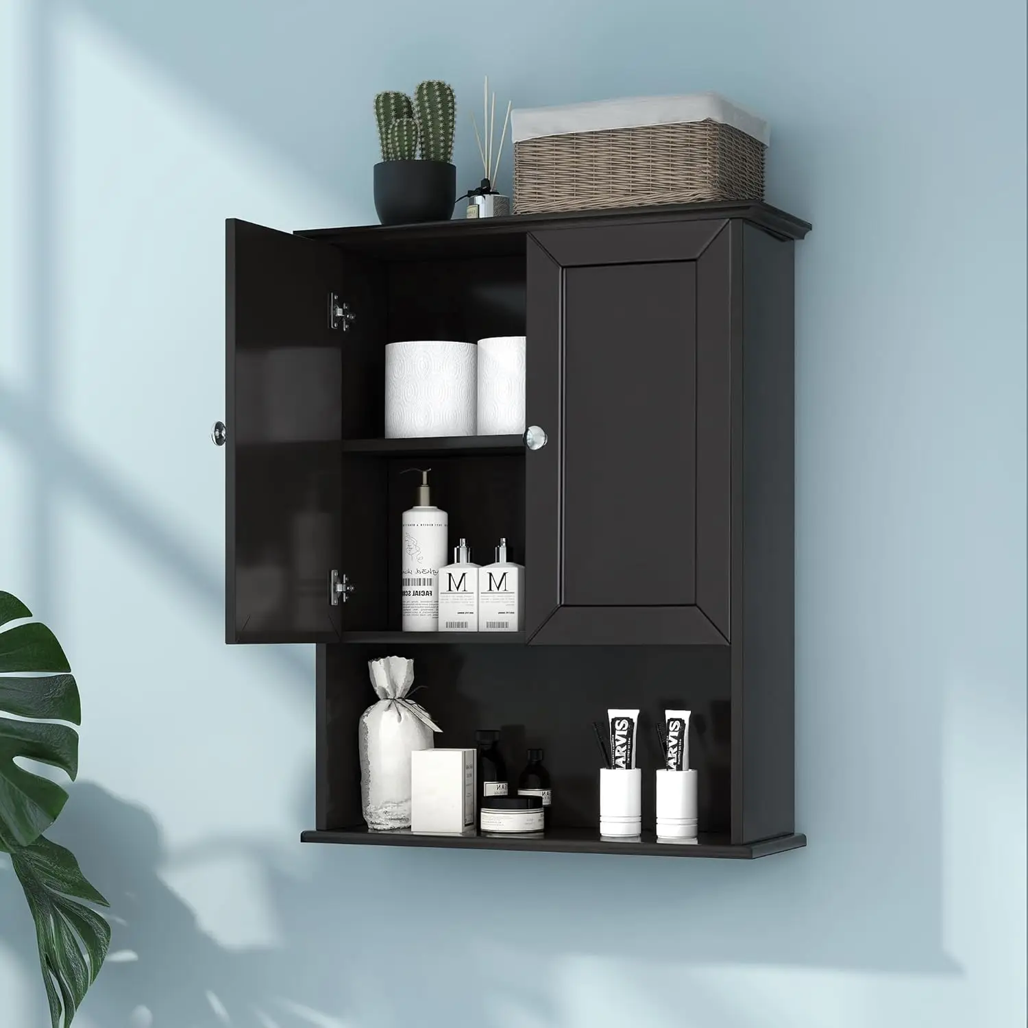 Black Wall Cabinet 24x30 Inch Wooden Over The Toilet Storage Cabinets with 2 Doors Above Toilet Storage Medicine Cabinets