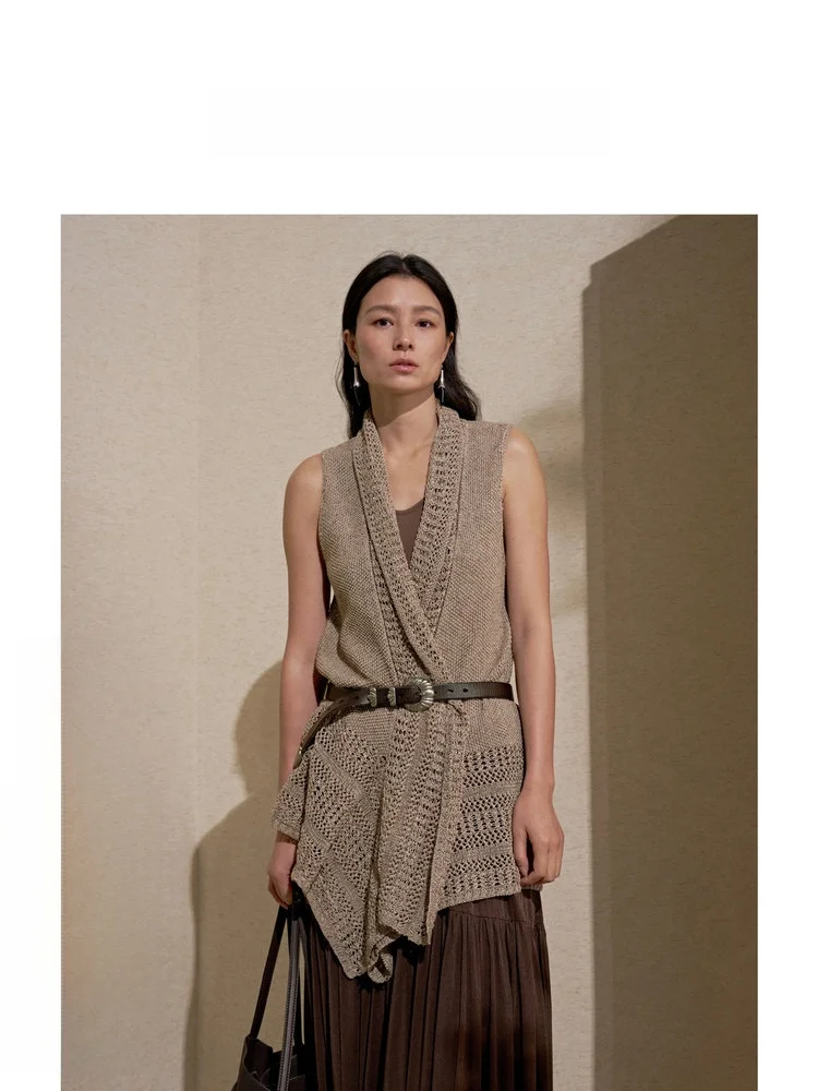 

Grain Texture Knowledge Street Style Summer New Arrival Open Cardigan Knitted Straw Yarn Sleeveless Imitation Linen Feel Wome...