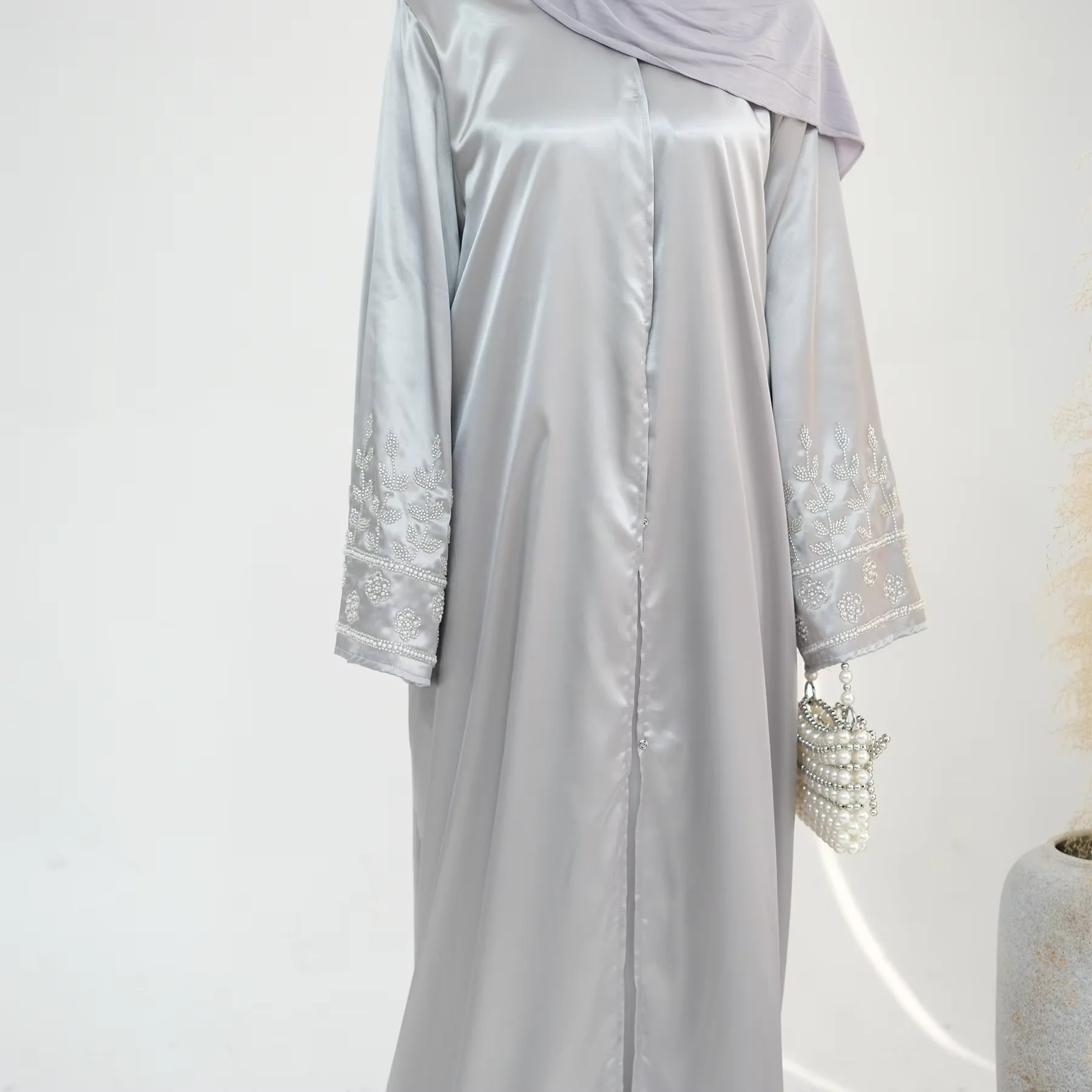 

Eid Beads Kimono Cardigan Satin Abayas Women Dubai Turkey Kaftan Muslim Dress Robe Kebaya Islam Clothing Caftan Marocain Femme
