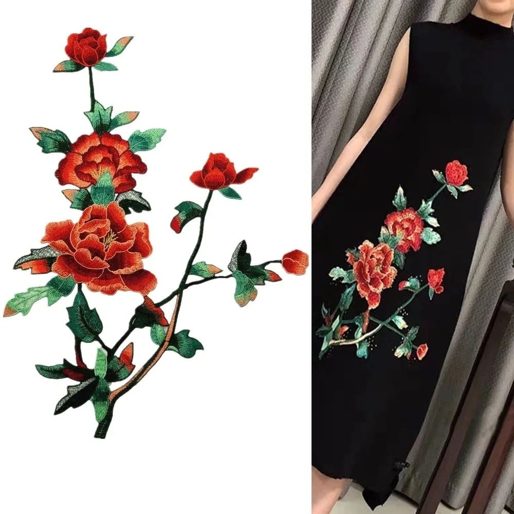 Grande fiore di peonia ricamo cucito applique patch tessuto di pizzo applique abito da sposa sposa velo indumento artigianale