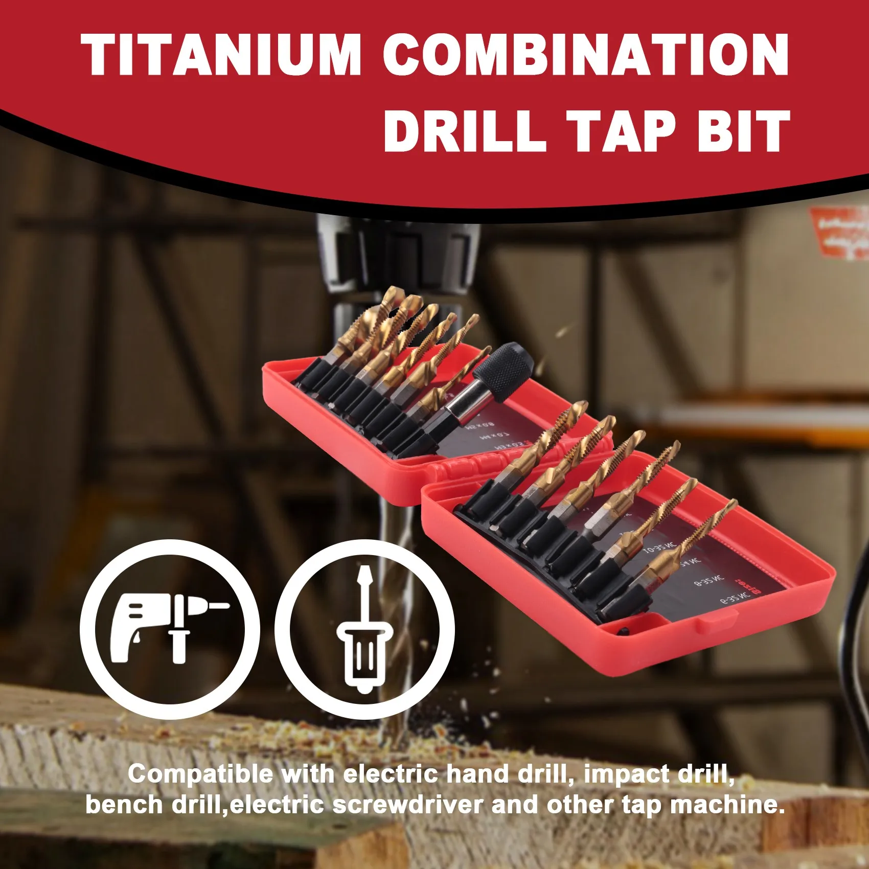 A23T 13PCS Titanium Combination Drill Tap Bit Set, SAE and Metric Tap Bits Kit, Hex Shank Drill Bits for Screw Thread Drilling