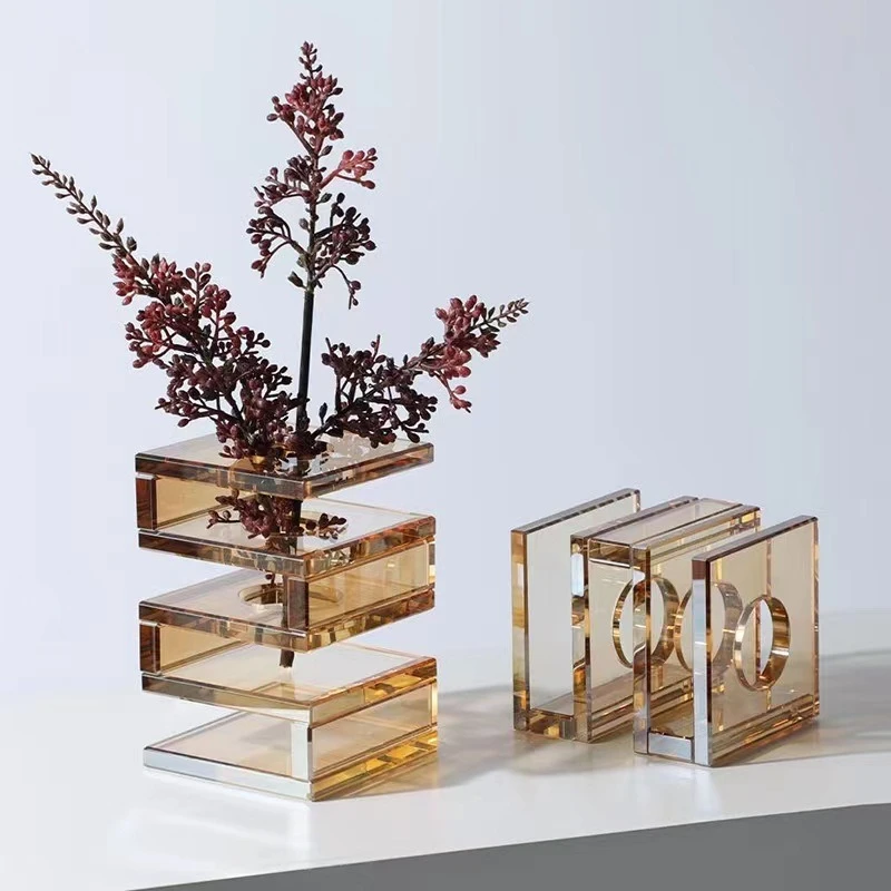 

Modern light luxury S square gray-brown crystal vase, living room desktop flower ware, soft decoration ornament