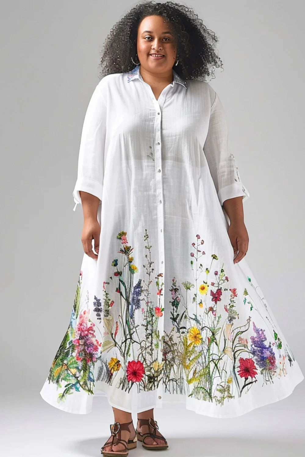 Flycurvy-vestido maxi estampado floral branco, plus size shirtdress, botão baixo, diariamente