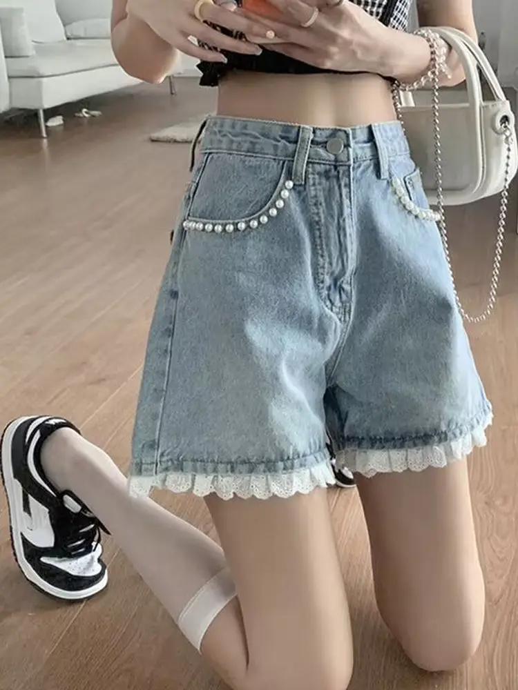 Pantaloni a gamba larga casual estivi da donna in denim leggero vestibilità ampia con bordi in pizzo a vita alta plus Size Hot Girls
