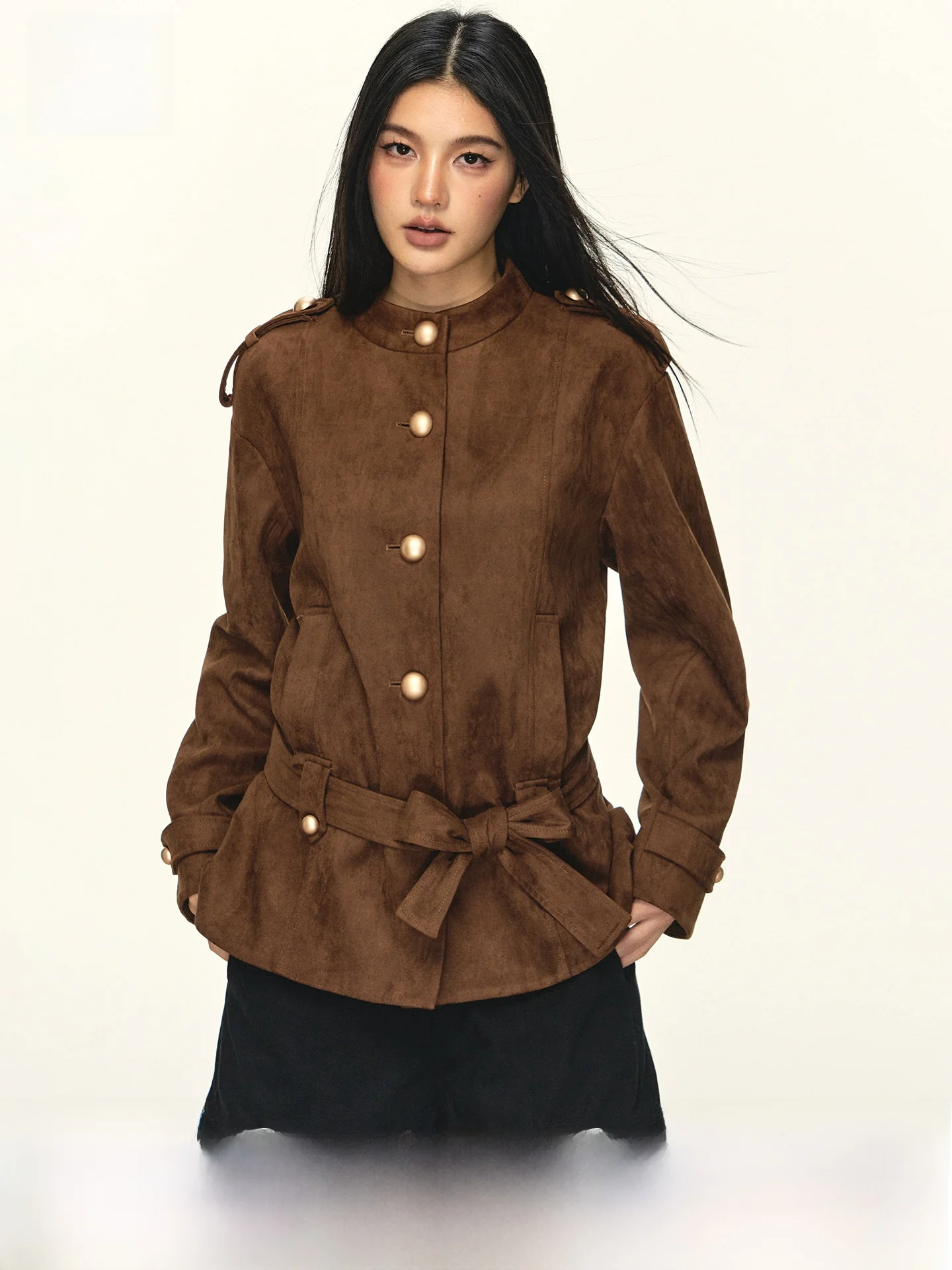 

Женская кожаная куртка-жакет ANNA ANEAE с бархатной отделкой, весна-осень, с воротником-стойкой, с поясом, повседневная, свободного кроя, верхняя одежда для женщин