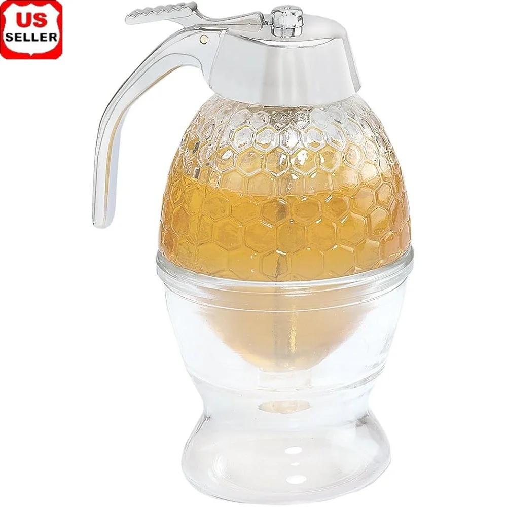 

Glass Honey Syrup Dispenser with Warming Base Leak Proof Stopper Cap Honeycomb Design Easy Pouring Dishwasher Safe 3/4 Cup