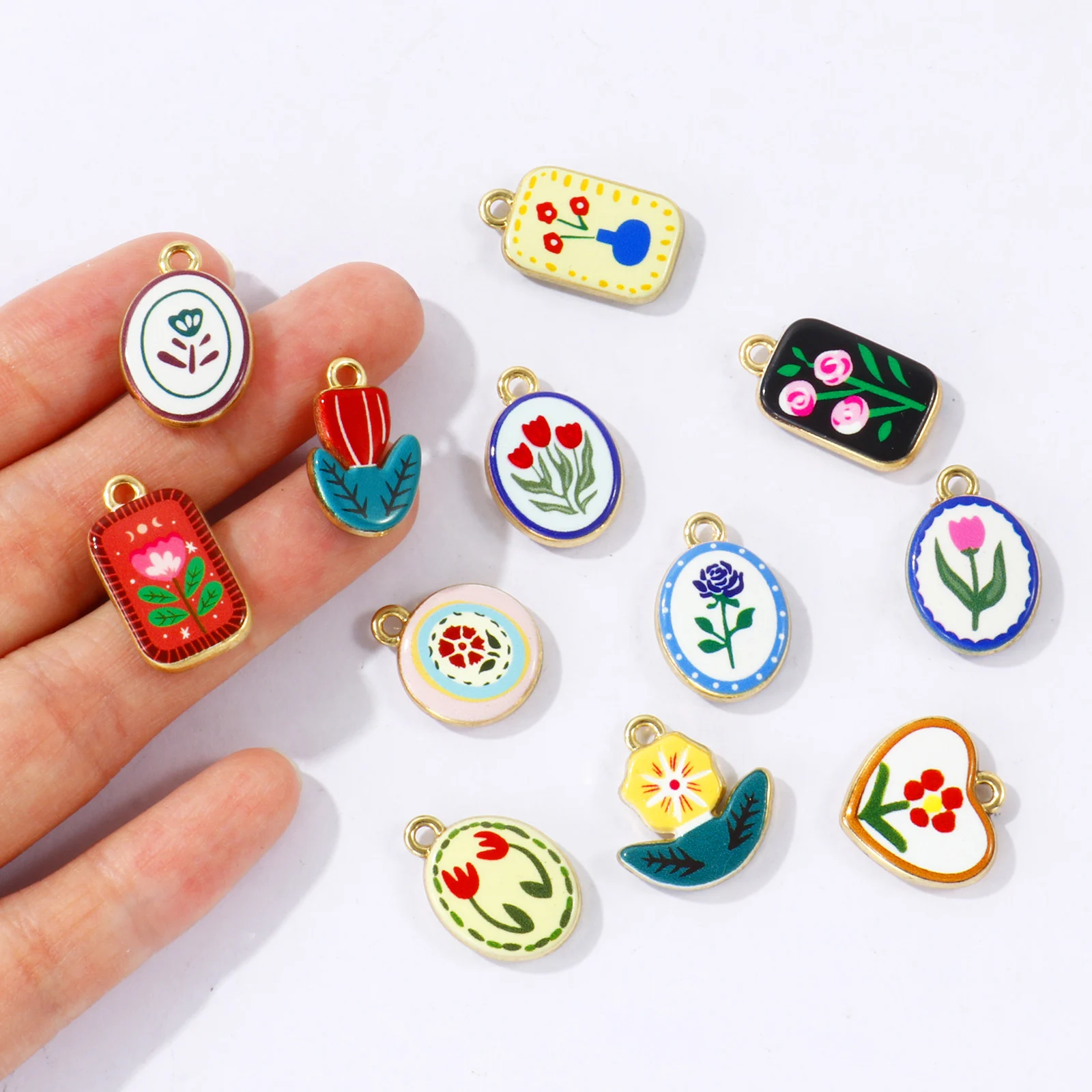 5Pcs Zinc Alloy Enamel Flower Charms Gold Plated Double Sided Multicolor Tulip Rose Pendant For DIY Bracelet Necklace Jewelry