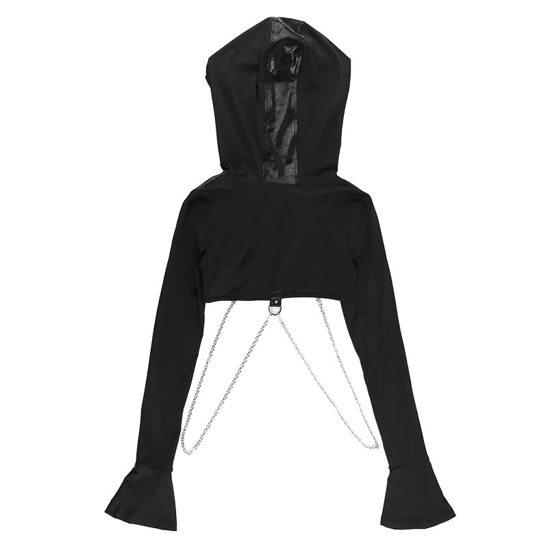 Women Gothic Punk Hoodies Bandage Crop Tops Jackets Long Sleeve Pullover Sweatshirt Workout Drawstring Patchwork Smock Coat