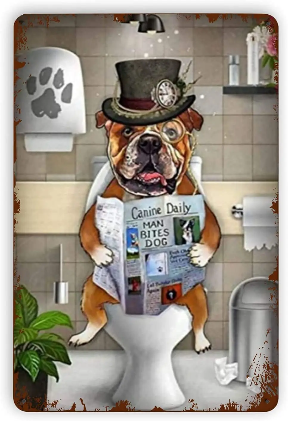 Bulldog Squatting On The Toilet Metal Tin Signs Reproduction, Vintage Wall Decor Retro Art Tin Sign Funny Decorations for H sign
