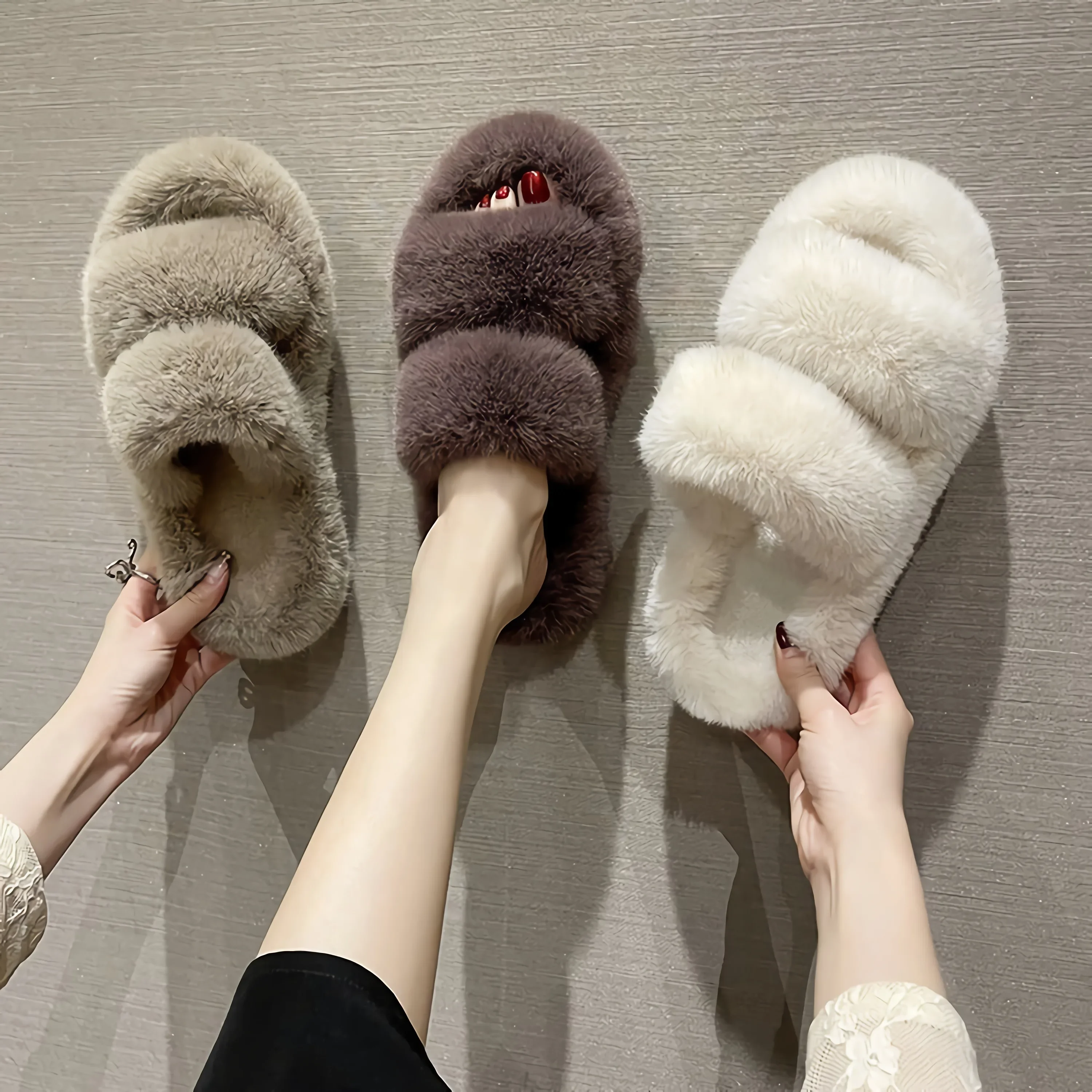 Home Fluffy Fur Slippers Comfy Open Toe Two Band Plush Sole Women Warm Shoes Indoor Bedroom Soft Flat Pillow Slide Footwear