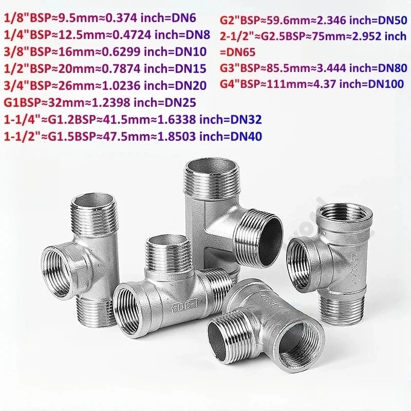 BSP Male+Female+Male Threaded 3 Way Tee T Pipe Fitting 1/4" 3/8” 1/2" 3/4" 1"1-1/2 Threaded SS304 Stainless Steel Multifunction