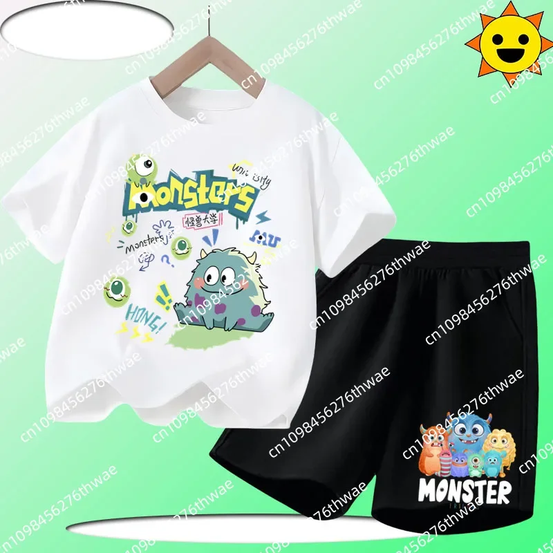 

Летняя футболка Monster, новый дизайн, детский комплект с короткими рукавами и мультяшным принтом — милая повседневная рубашка и шорты для девочек 2025 г.