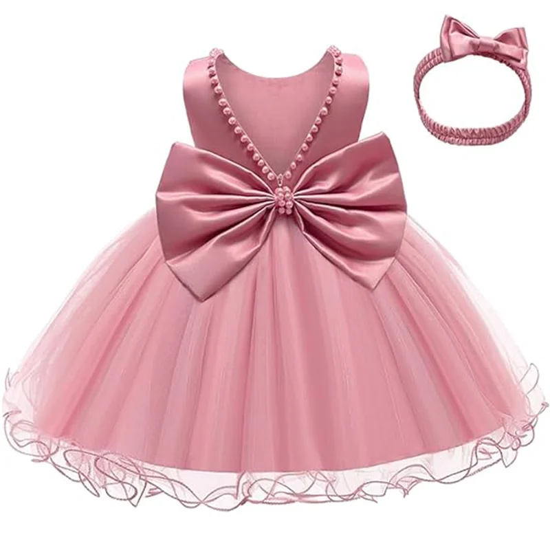 Infant Baby Tulle Backless Pageant Wedding Party Flower Girls Big Bow Dress With Headwear For Toddler Baptism Birthday Prom Gown image 3