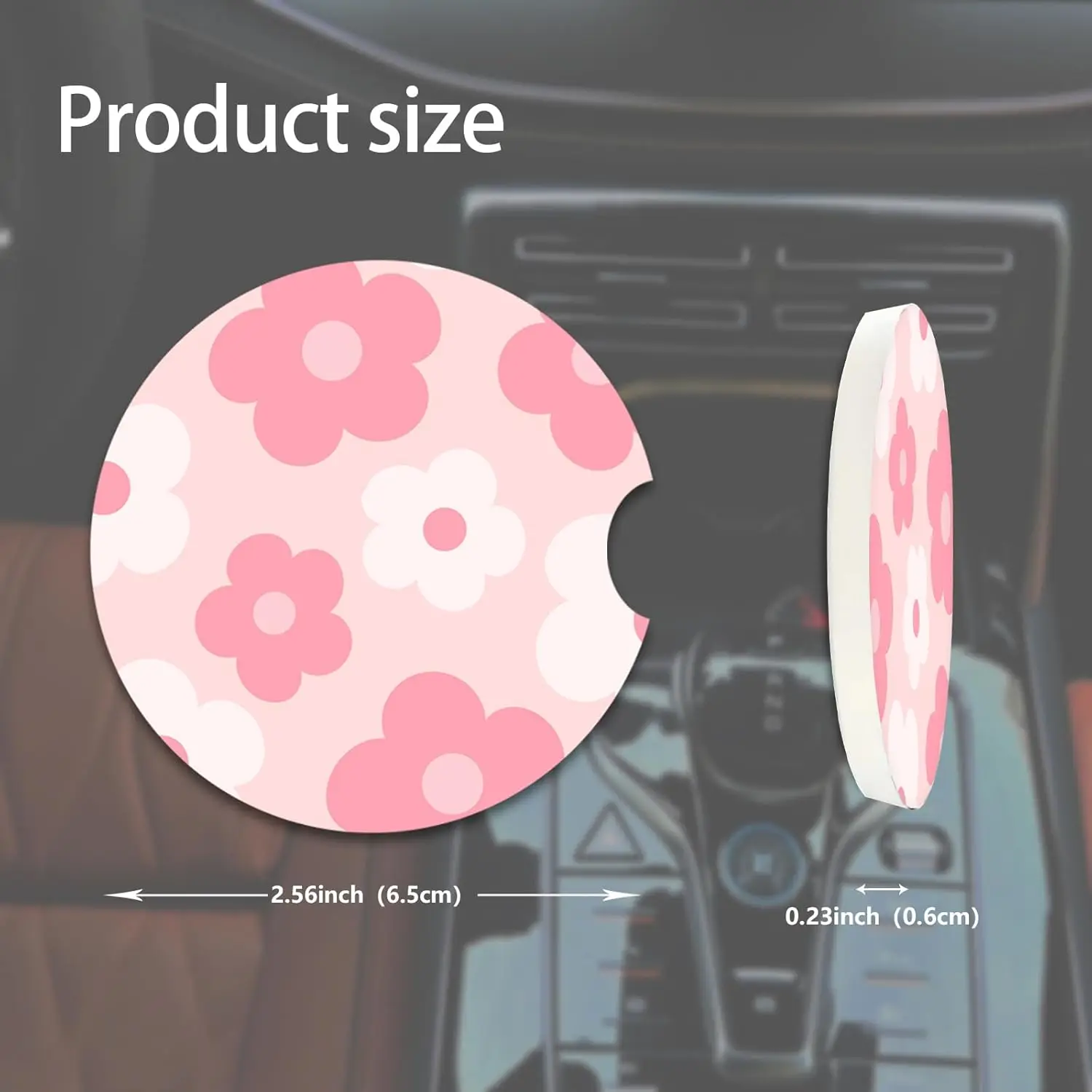2 Pcs Pink Flowers Car Coasters,Ceramic Cup Holder Coasters with a Finger Notch,2.56