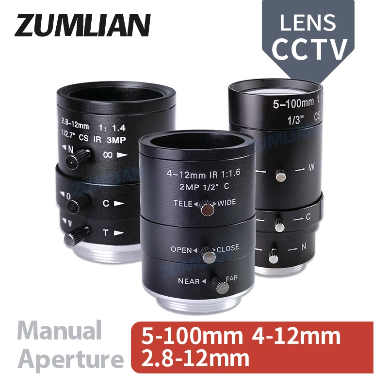 

ZUMLIAN CCTV Lens 5-100mm 4-12mm 2.8-12mm Varifocal 1/2'' 1/2.7'' Manual Iris C/CS-Mount Zoom Lens for 4K Surveillance Cameras