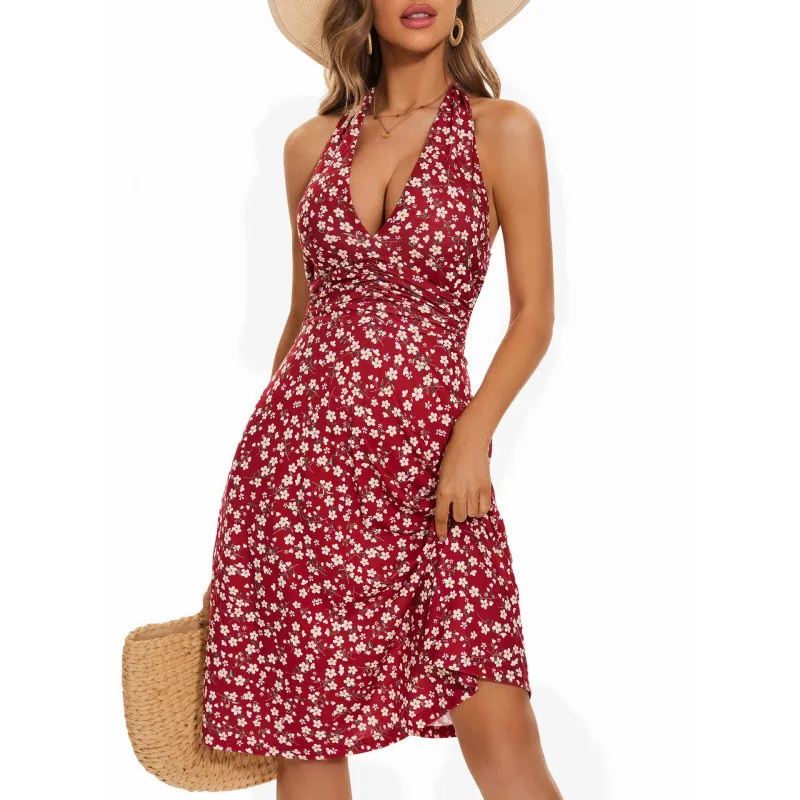 Abito da spiaggia estivo da donna con stampa floreale bohémien sexy, gonna, vestito estivo da donna, elegante senza maniche, scollo a V, abiti da vacanza
