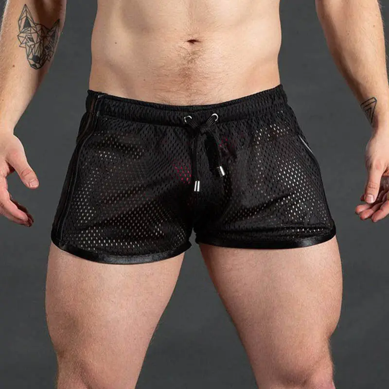 Zomer Open Kruis Erotische Dunne Sport Mesh Shorts Mannen Sneldrogende Sexy Strandbroek Fitness Outdoor Sex Casual Zwemkleding