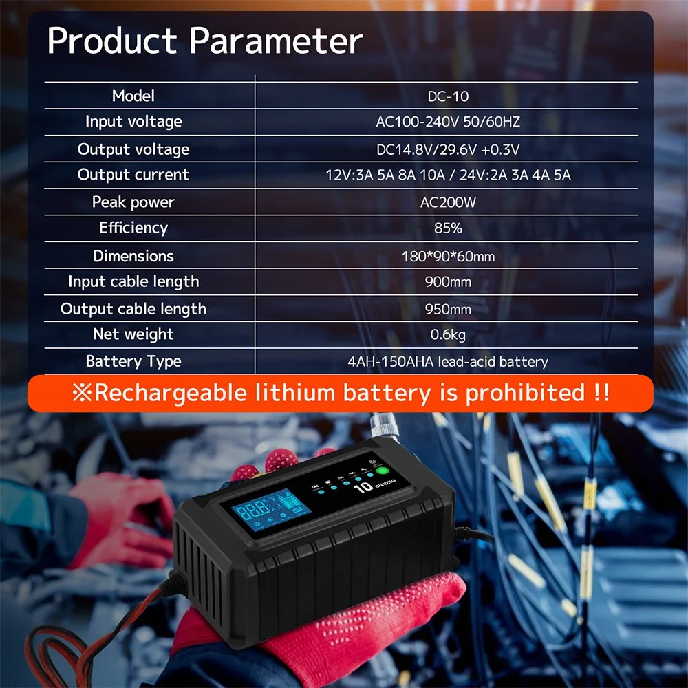 12V/24V Intelligent Car Battery Charger AC100V 110V 220V 230V Automatic Smart Fast Charging Wet Dry Lead Acid Gel AGM Battery