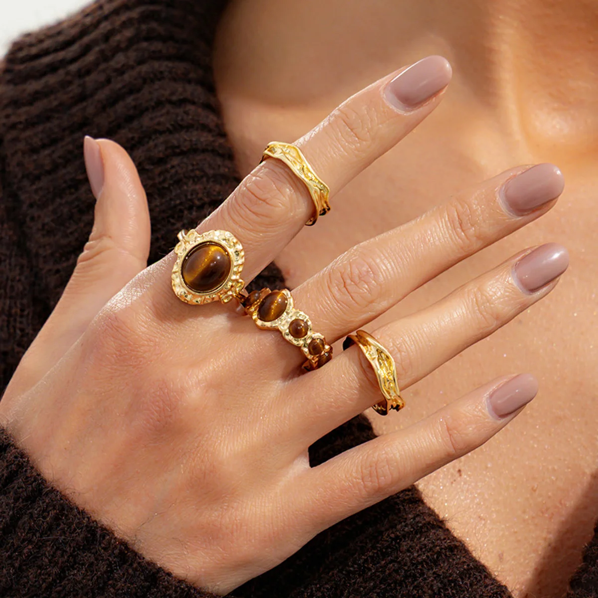 7Pcs/Set Vintage Brown Stone O - Turquoise Stone Ring recension och pris