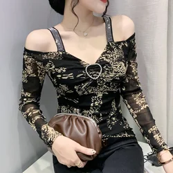 #8027 Spring Summer Diamonds Off Shoulder T Shirt Women Thin Sexy Mesh Tee Korean Style Short Tshirt Long Sleeve Tight Tee Femme