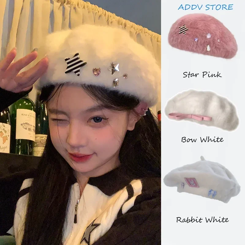 

Y2K Star Beret Niche Design Sense White Series Rabbit Plush Beret Rhinestone Girl White Painter Hat