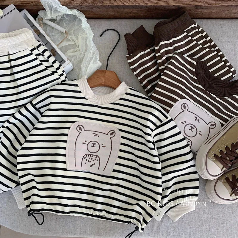 

Children's Suit2024Autumn New Patch Bear Striped Top+Casual Pants Two-Piece Suit FashionG0389