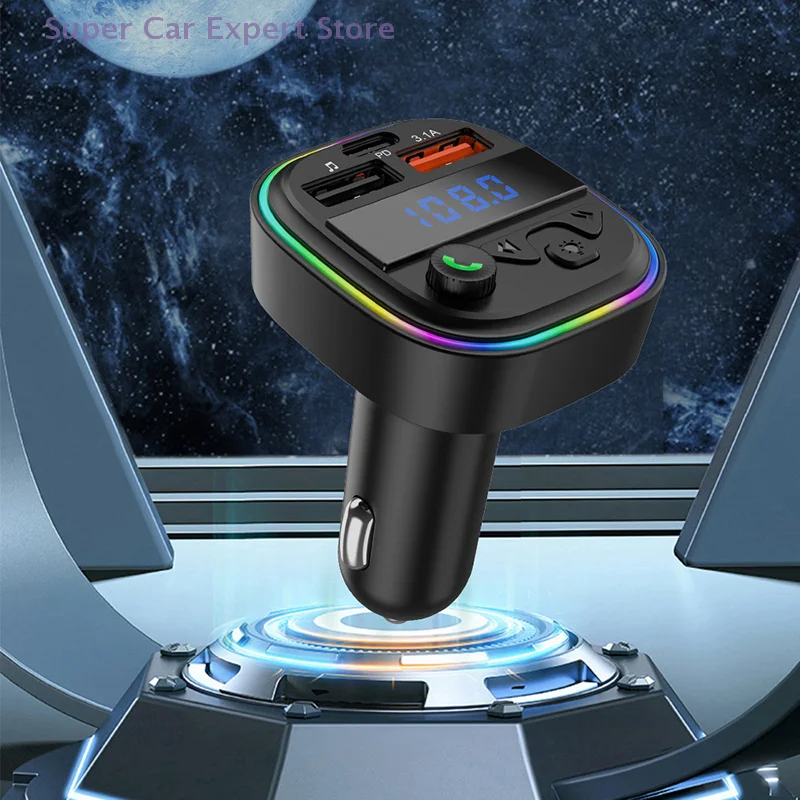 

Dual USB Type-C Car Phone Charger With RGB Light Fast Charging Tablet Power Adapter FM Transmitter MP3 Player For Truck Vehicles