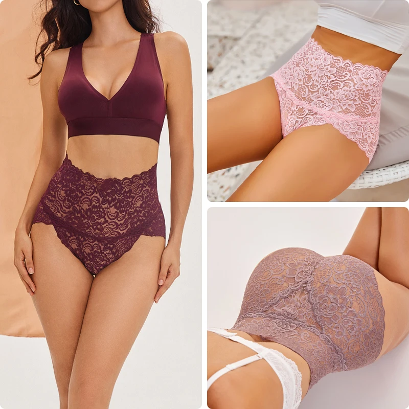 FINETOO Women High Waist Underpants Lace Floral Briefs Sexy Hollow Out Panties Female Solid Color Perspective Lingerie Intimates