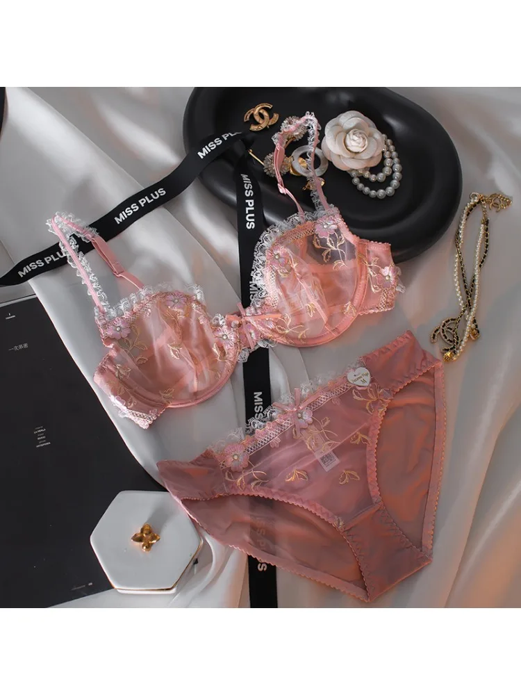 Light Luxury High-end French Underwear Feminine Sense Ultra-thin See-through Embroidery Lace Big Chest Small Thin Soft Underwire