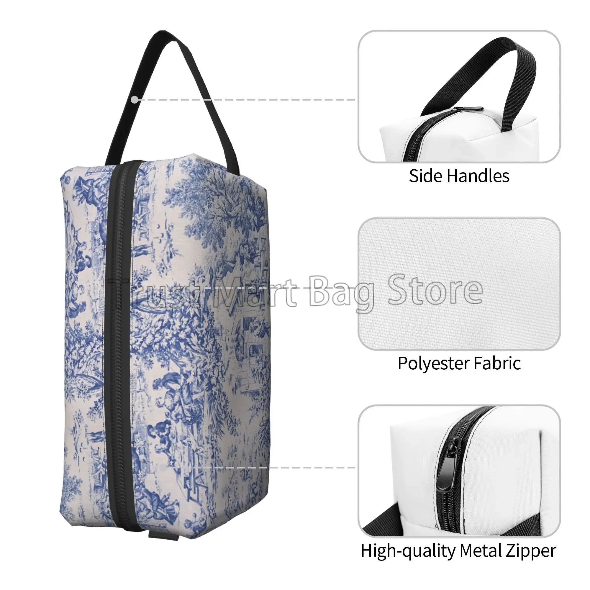 French Toile De Jouy Make Up Organizer Toiletry Pouch Large Waterproof Cosmetic Bag with Zipper Travel Packing Bag for Women