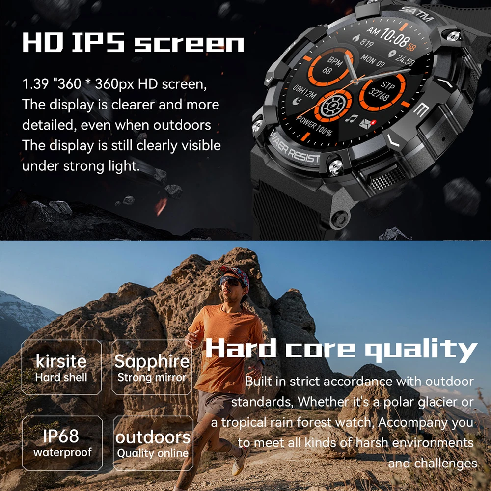 PG666 Bluetooth Call Smart Watch Outdoor Rugged Sport Watch Fitness Tracker Heart Rate Blood Pressure Oxygen Monitor Smartwatch