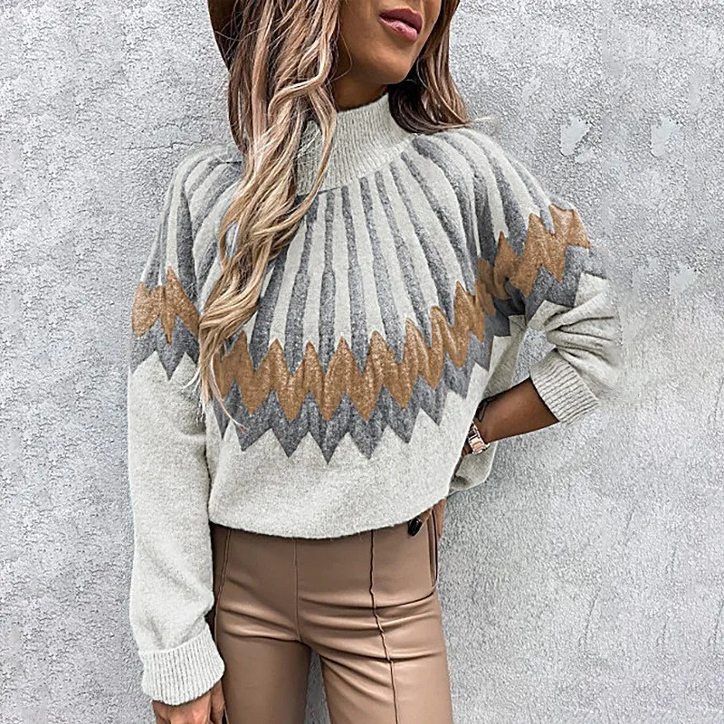 

Boho Loose Printed Turtleneck Long-sleeve Knit Pullover Sweater Women's Autumn Winter New Spell Color Fshion Casual Knit Sweater