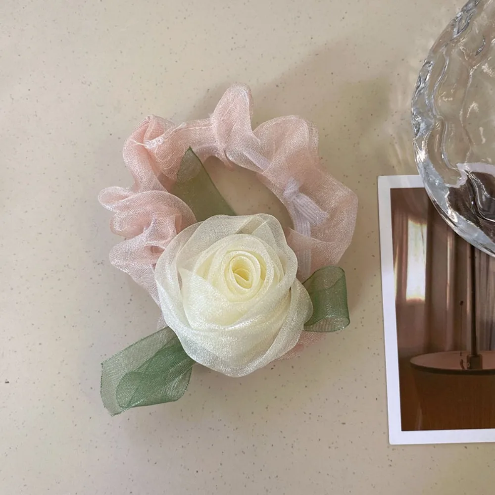 Sweet Rose Yarn Flower Hair Scrunchies Women Mesh Large Hair Rope Girl Hair Tie Simple Ins Headdress Hair Ring Ponytail Holder