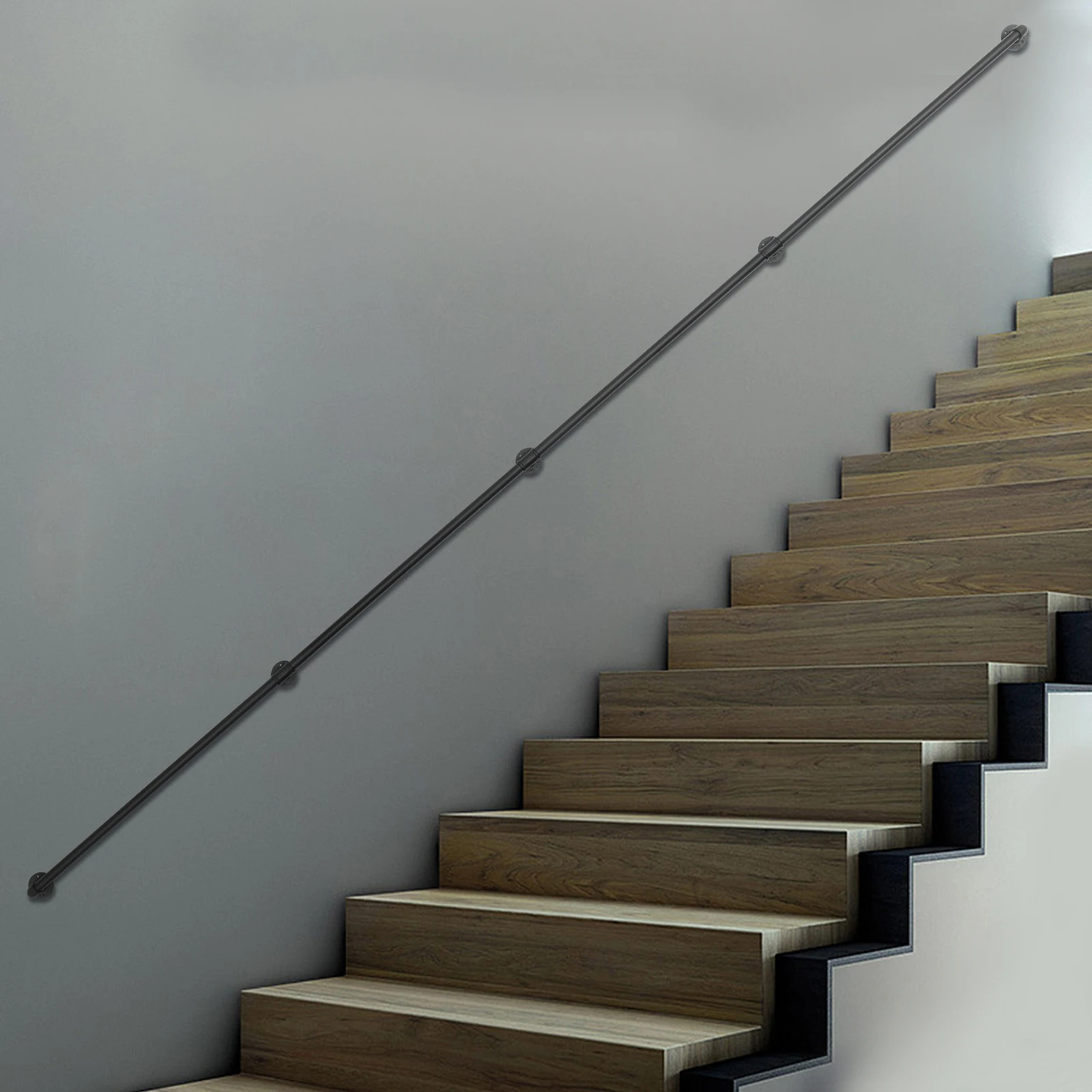 

14FT Metal Stair Handrail, Vintage Industrial Pipe Railing, Wall Mounted Matte Black Stairway Guardrail, Modern Round Handrail