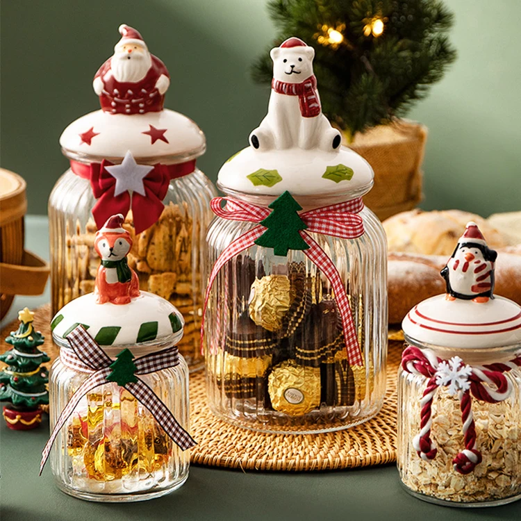 Kids  Christmas gift santa claus style snack cookie jar  decorative food glass storage jar