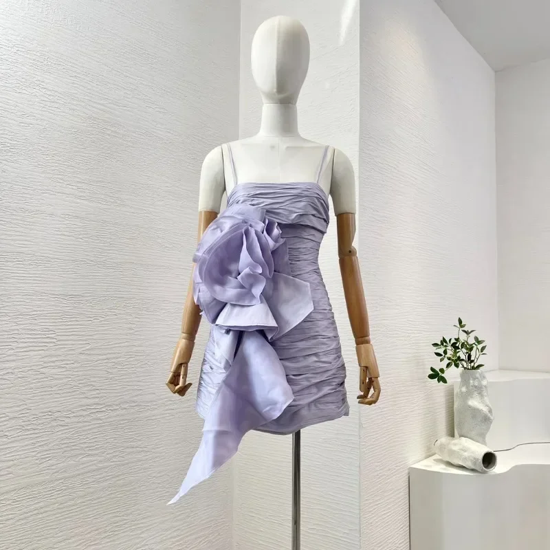 Elegant Woman Sling Mini Dress Violet Purple Backless Flowers Appliqued Folds Summer Dresses Top Quality 2024 New Arrivals