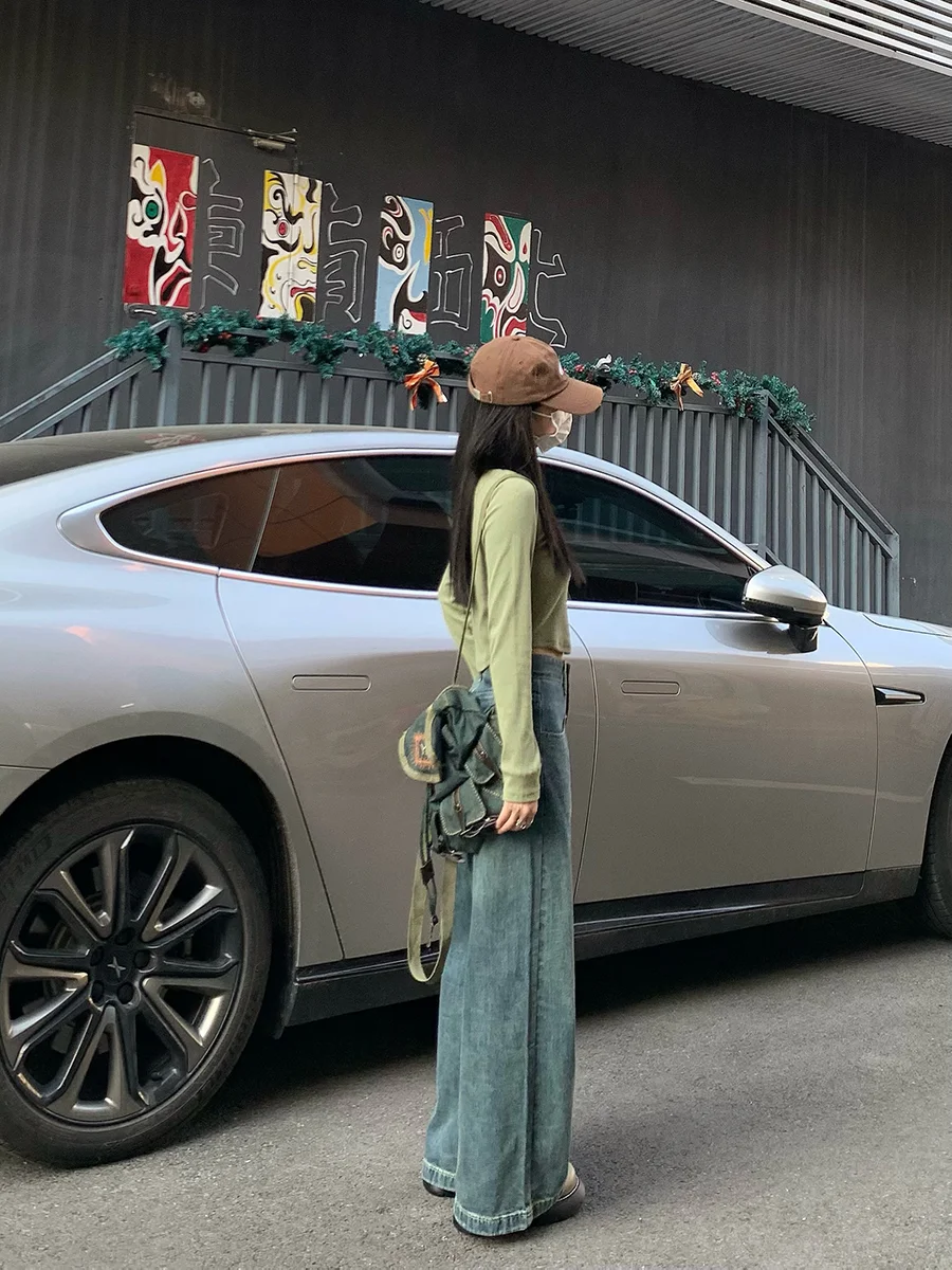 

Джинсы трапециевидной формы с высокой талией и широкими штанинами, женские весенние свободные драпированные брюки, повседневные брюки из смеси хлопка