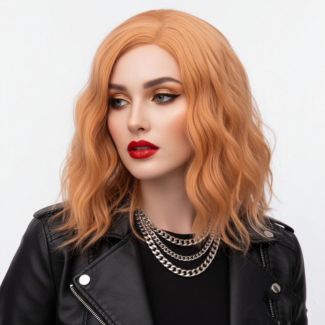 

Косплей милый короткий волнистый боб синтетический парик оранжевый средняя часть линии термостойкое волокно для женщин